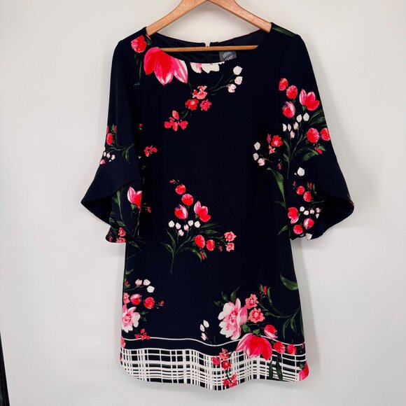 Vince Camuto Navy Floral Bell Sleeve Shift Dress Size 8  Womens knit - Picture 7 of 13
